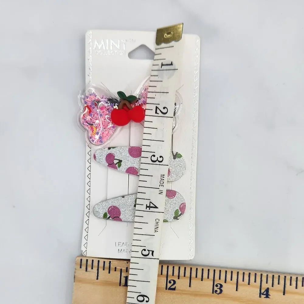 3 pc Cherry Theme Hair Accessories Glittery Bow with Cherry Charm & Snap Clips